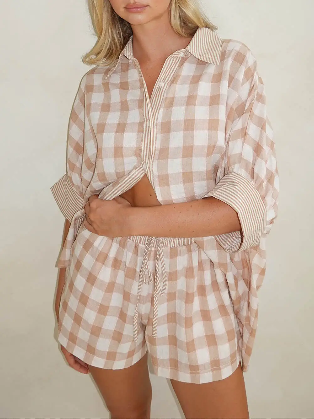Checkered Print Drawstring Elastic Waistband Pocket Shorts