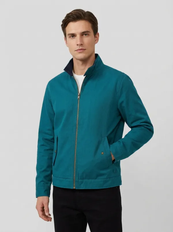 Men's Casual Green Zip-Up Stand Collar Jacket