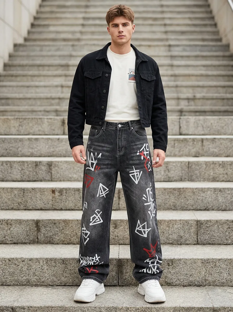Unisex Relaxed Streetwear Graffiti Jeans