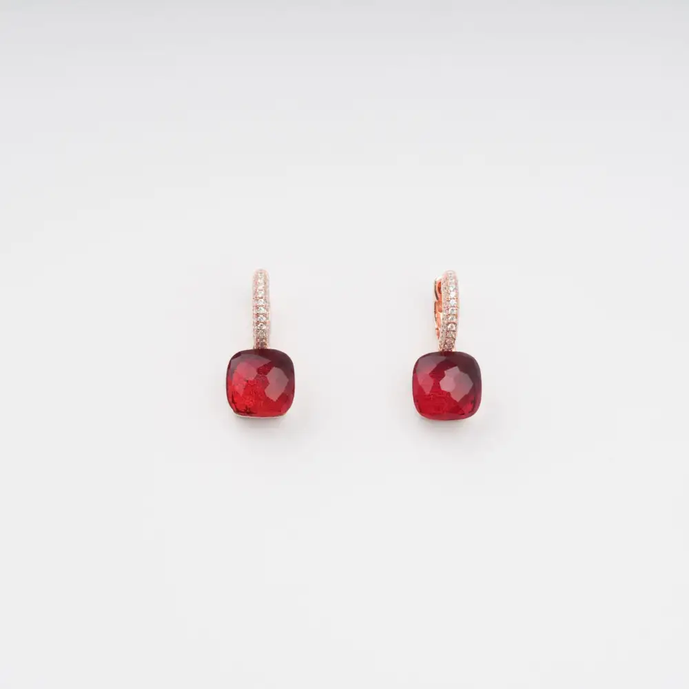 Red Cushion Cut Gemstone Hoop Sterling Silver Earrings