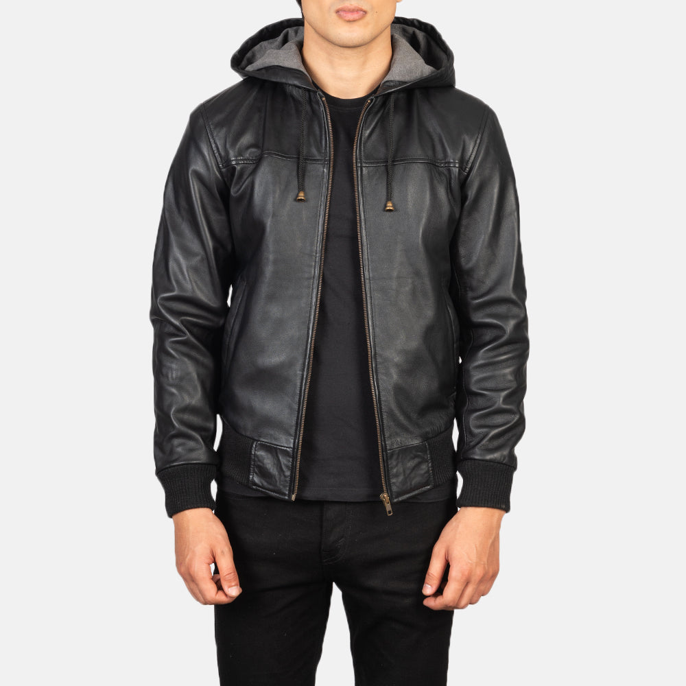 Men's Classic Bomber Hooded Leather Jacket