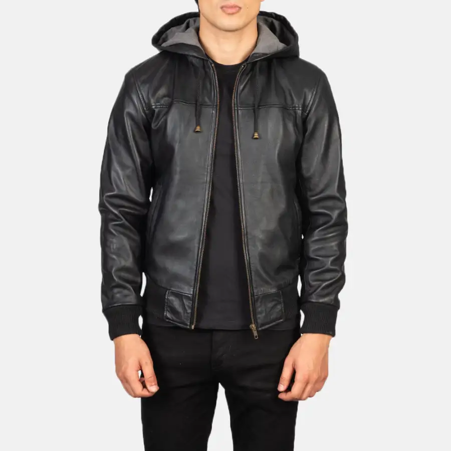 Men's Classic Bomber Hooded Leather Jacket