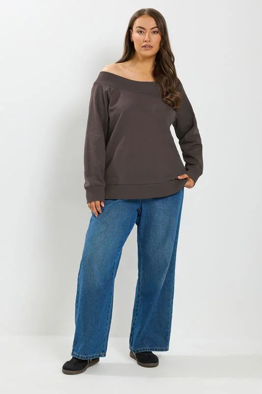 Chocolate Brown Off Shoulder Ribbed Sweatshirt detail 2