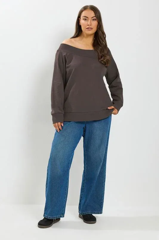Chocolate Brown Off Shoulder Ribbed Sweatshirt