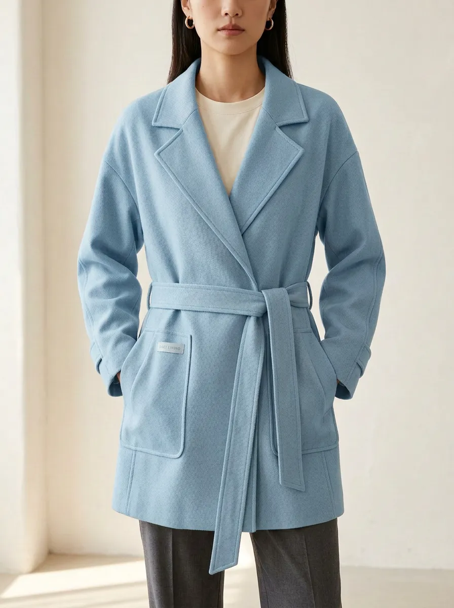Notched Lapel Belted Wool Blend Overcoat Jacket