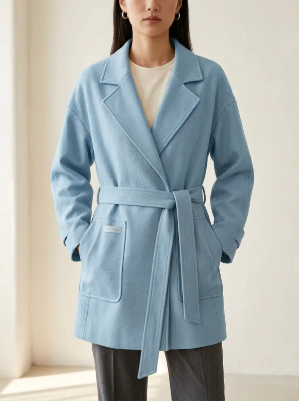 Notched Lapel Belted Wool Blend Overcoat Jacket