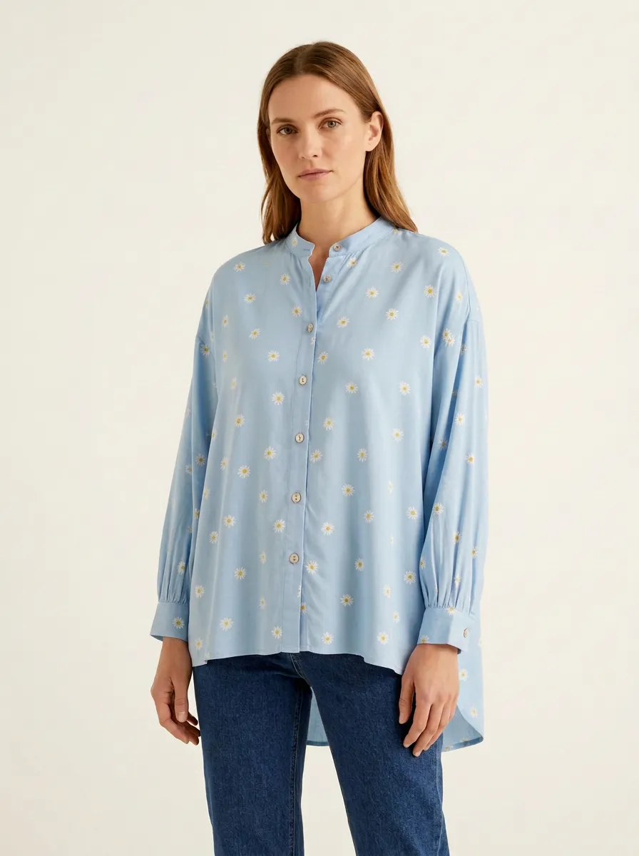Women's Daisy-Print Mandarin-Collar High-Low Shirt