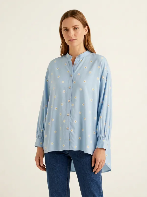 Women's Daisy-Print Mandarin-Collar High-Low Shirt