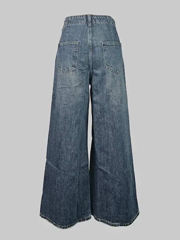 Fringe Detail Relaxed Fit Wide Leg Button Detail Pocket Jeans