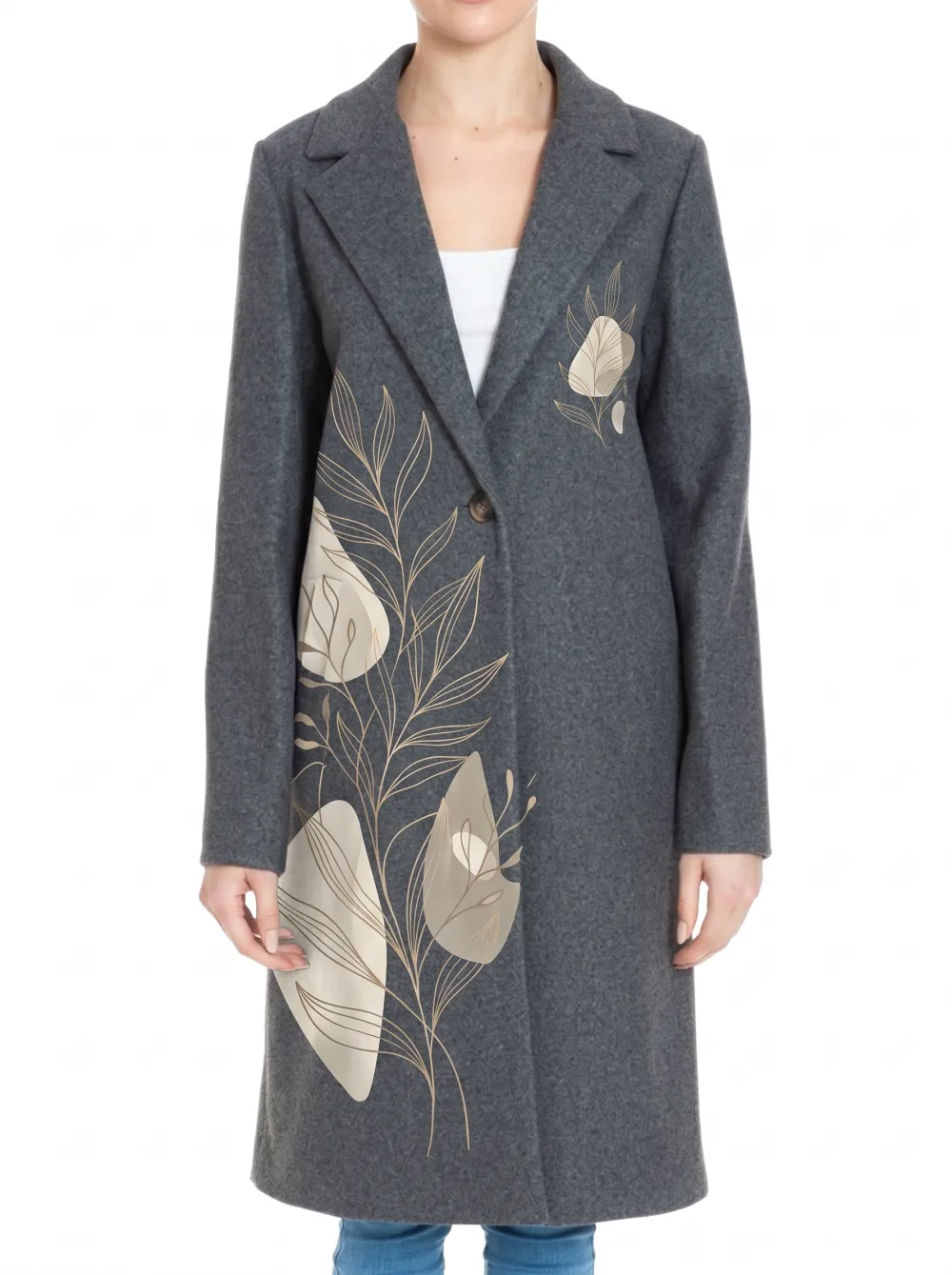 Women's Botanical Minimalist Abstract Leaf Printed Wool Coat