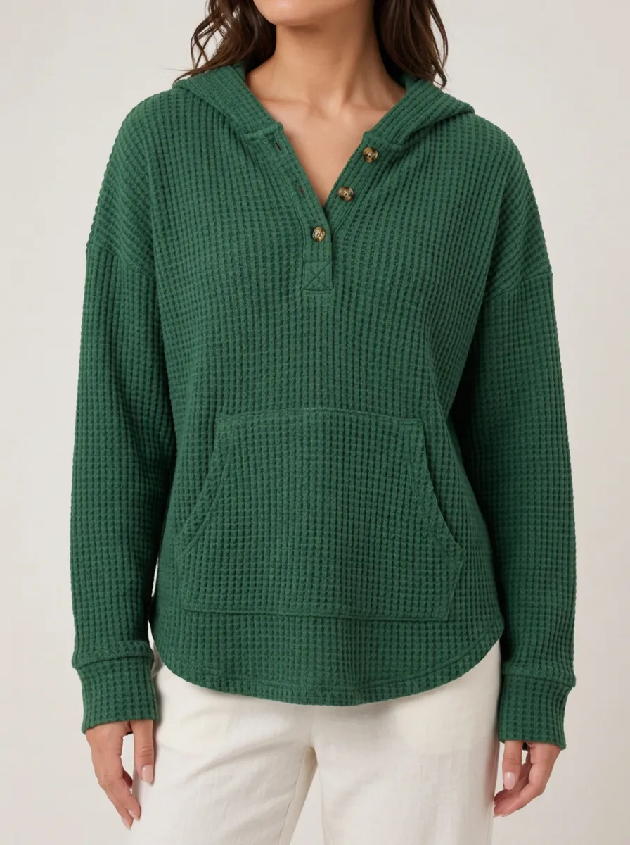 Women's Green Waffle Knit Button Hooded Top