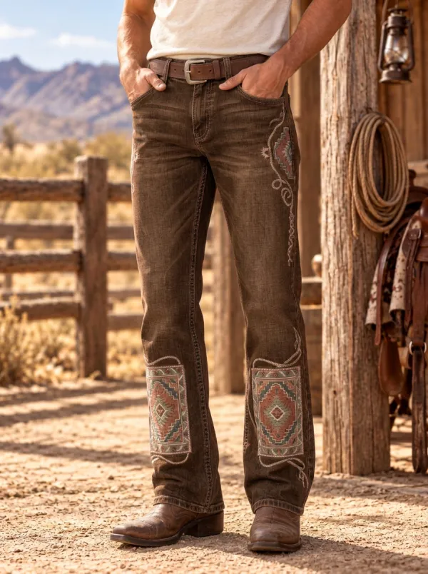 Men's Western Cowboy Southwestern Embroidered Jeans
