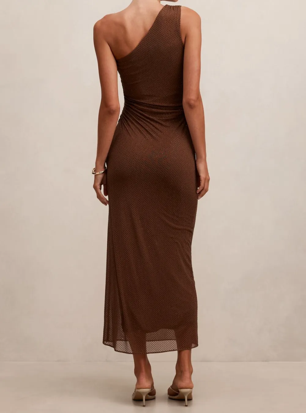 Brown One-Shoulder Ruched Bodycon Maxi Dress