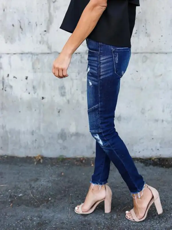 Fitted Pleated Destroyed Stretch Penny Denim Jeans