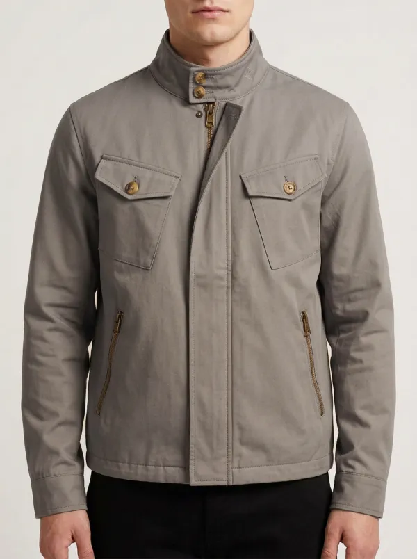 Men's Casual Khaki Military Style Stand Collar Jacket