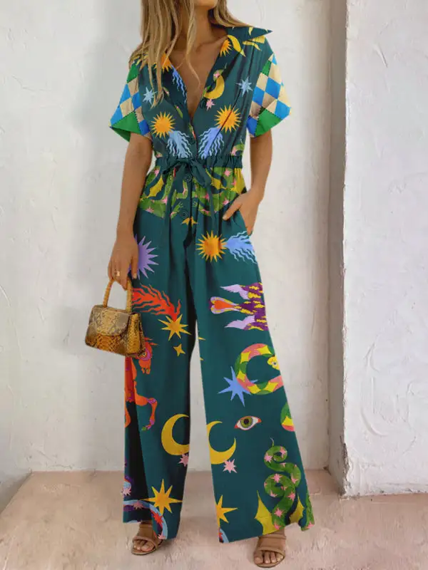 Street Printed Cotton Trousers Jumpsuit High Pants