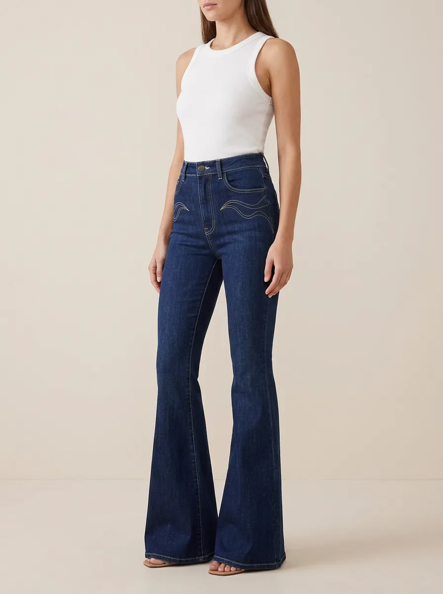 Embroidered Detail Contrast Stitch Printed Detail Flare Jeans