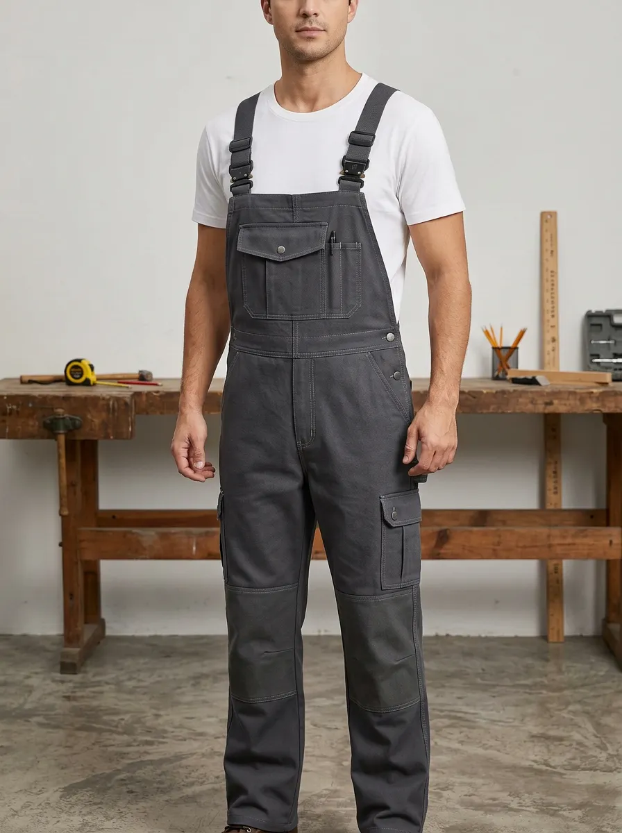 Multi-Pocket Utility Cargo Canvas-Style Men's Workwear Bib Overalls