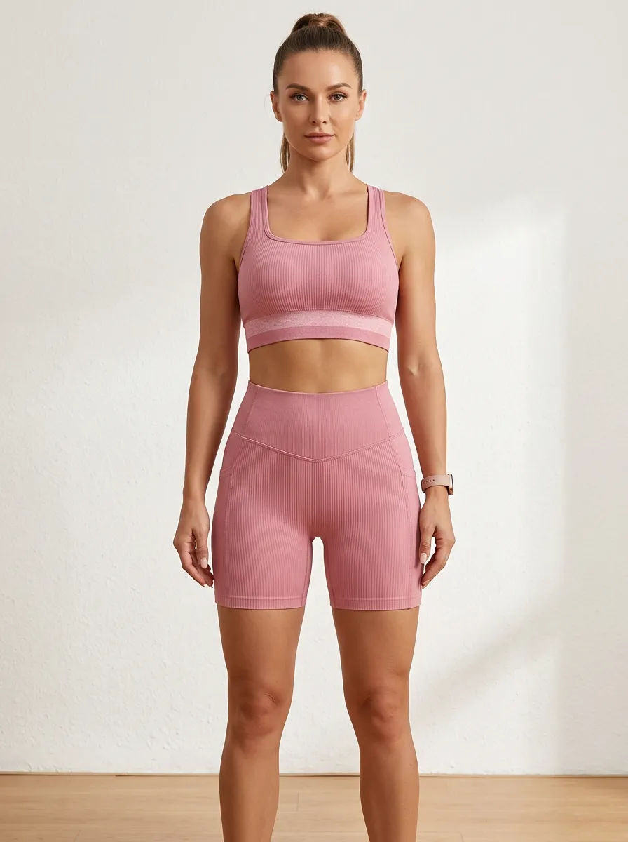 Easy-Wear Ribbed Texture Seamless Design Casual Look Women's Tank Top And Sports Shorts Set