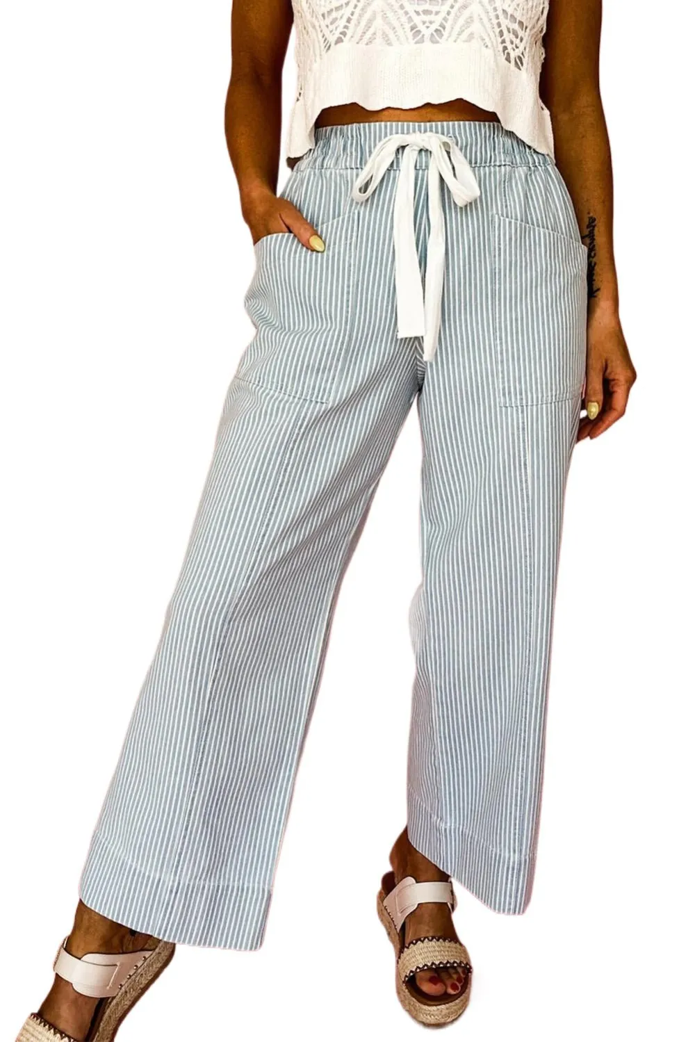 Striped Mid Rise Drawstring Pocketed Casual Jeans
