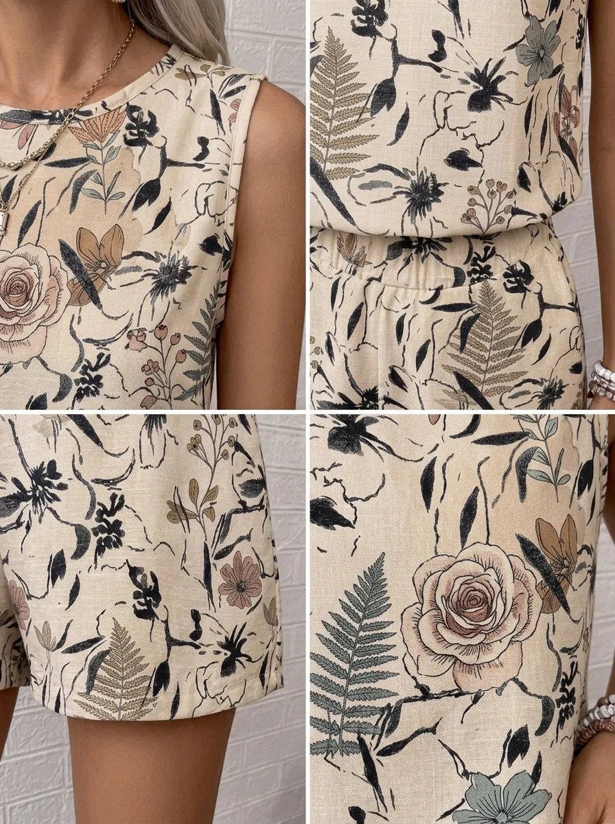 Women's Boho Floral Botanical Printed Sleeveless Shorts Set