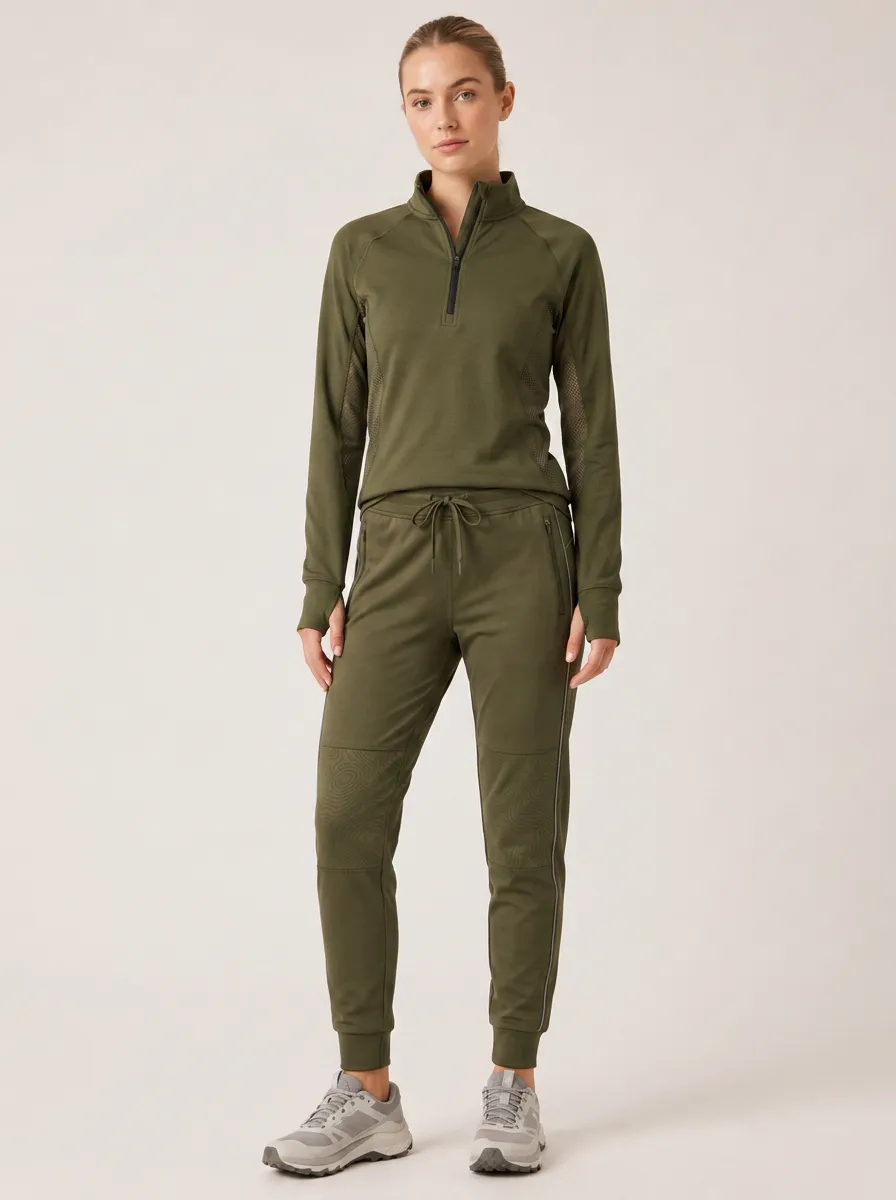 Women's Olive Green Athletic Quarter-Zip Printed Tracksuit