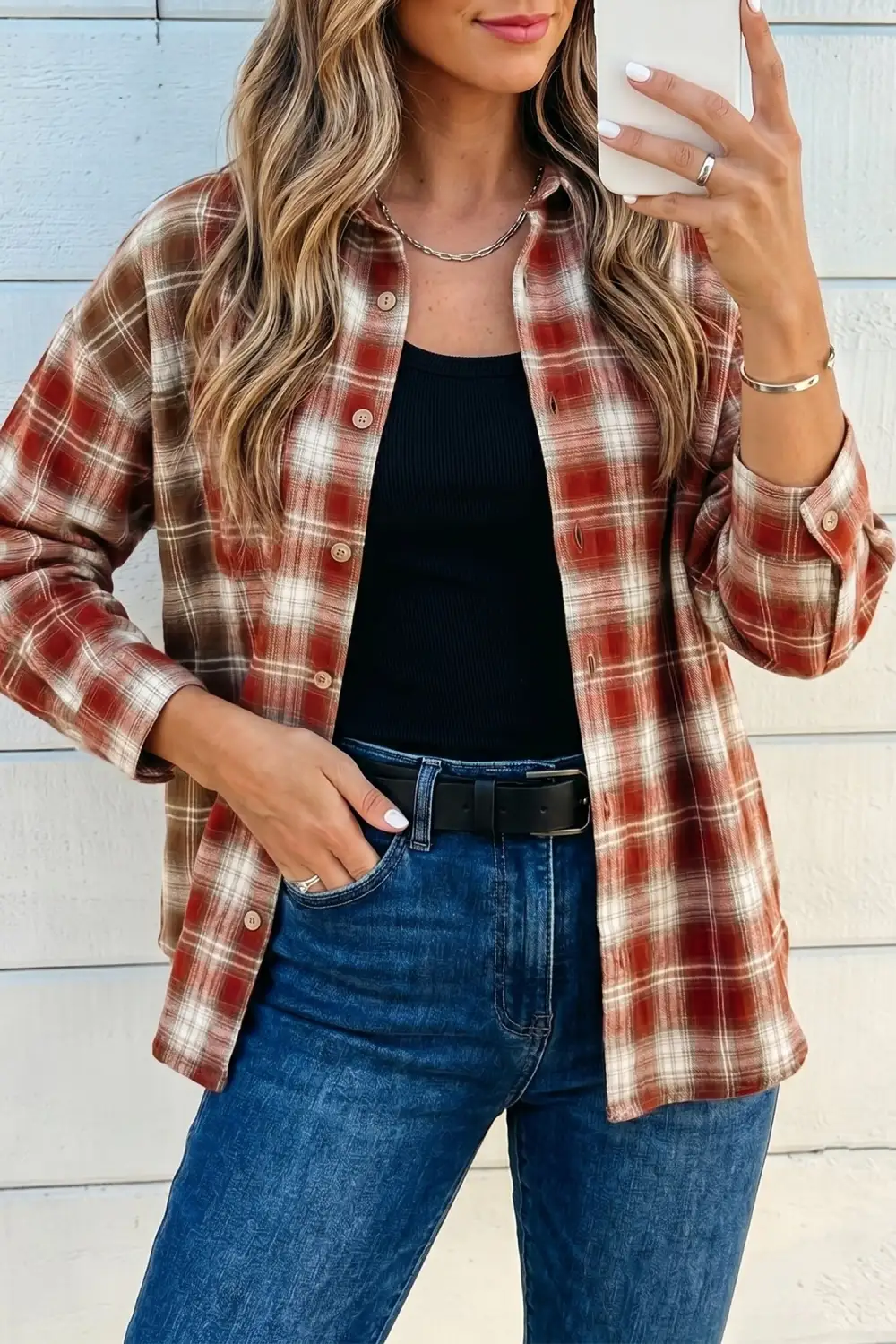 Women's Plaid Long Sleeve Contrast Detail Blouse