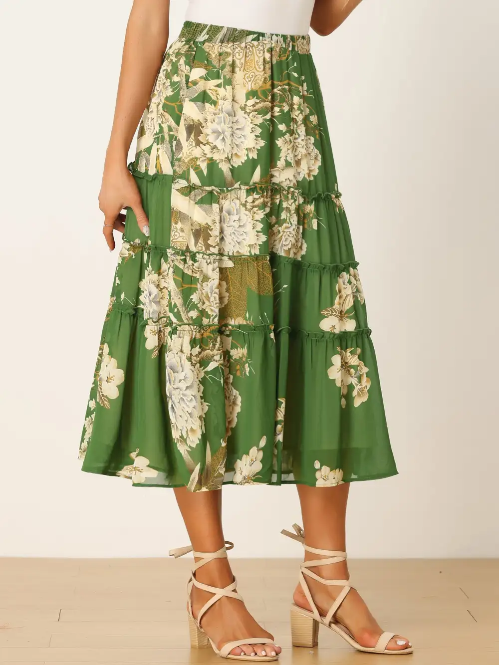 Chiffon Floral-Print Long Tiered Ruffle Boho Midi Skirt