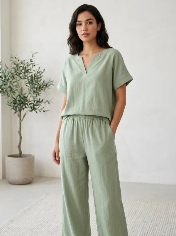 Ribbed Minimalist Women's V-Neck Casual Lounge Set