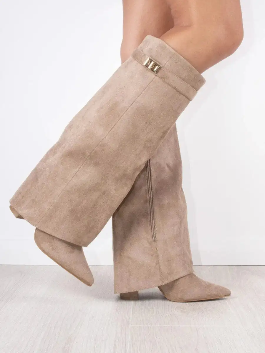 Knee Tall Boots Wide Flare Top Block Heel
