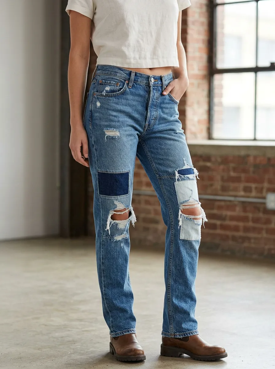 Women's Casual Fashion Distressed Patchwork Denim Pants