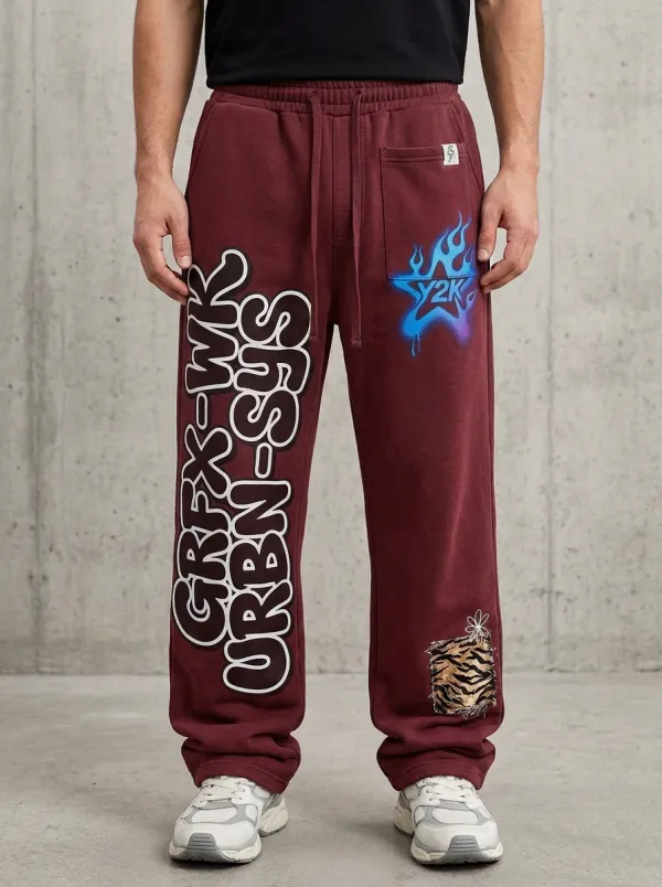 Men's Streetwear Y2K Flame Star Tiger Patch Printed Sweatpants