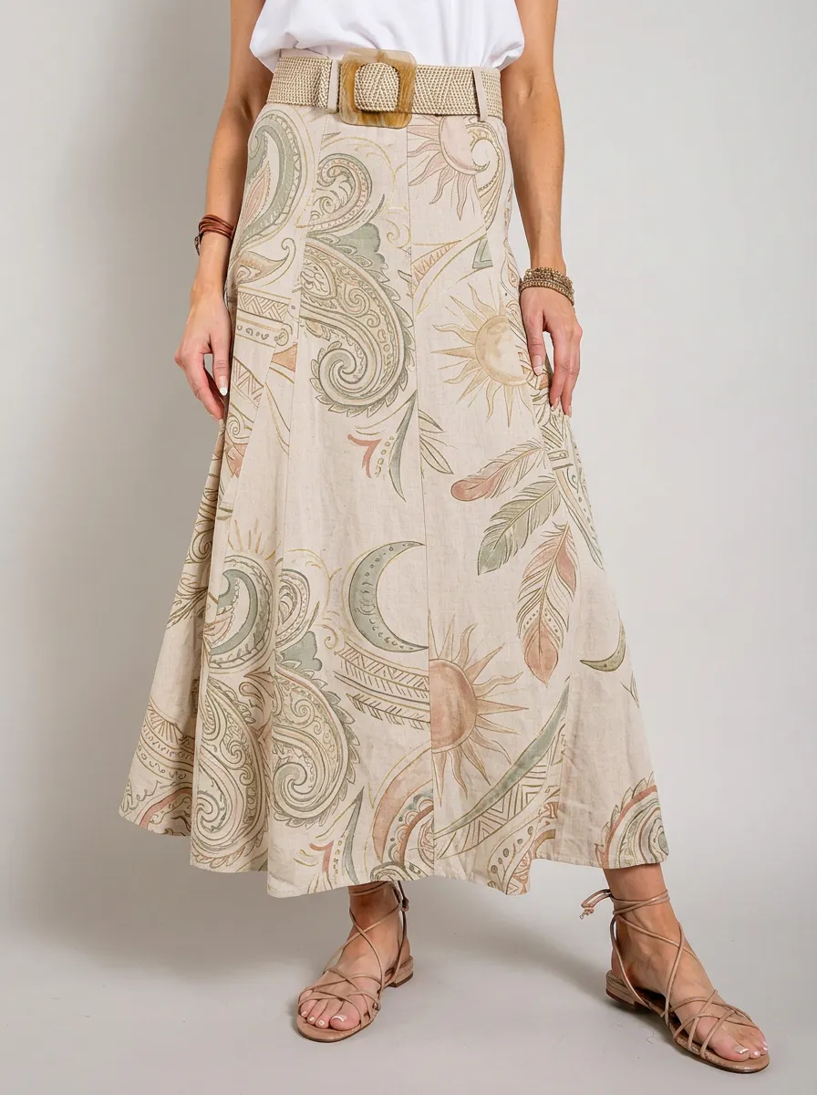 Women's Boho Celestial Paisley Feather Printed Midi Skirt