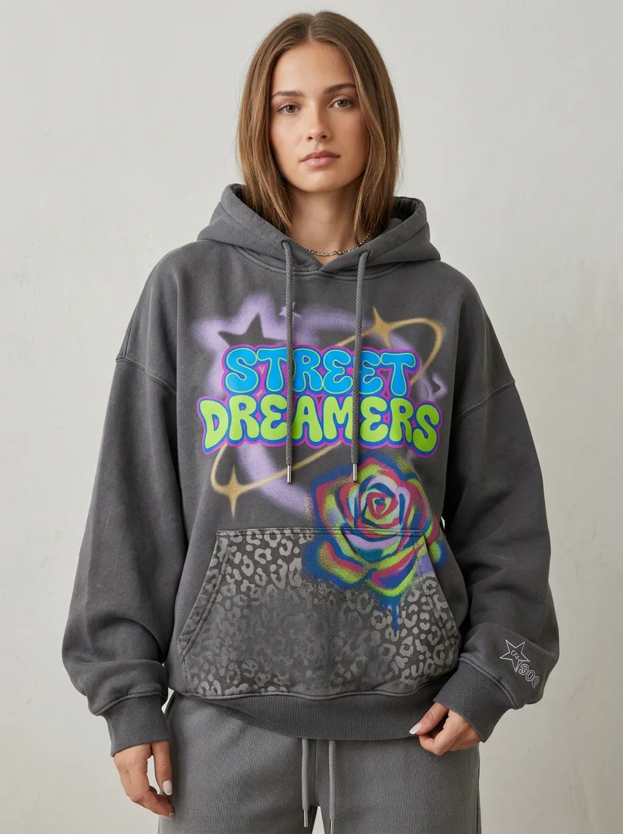 Unisex Streetwear Graffiti Leopard Rose Hoodie