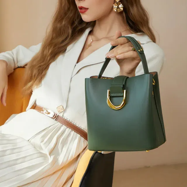Genuine Leather Bucket Bag Sleek Versatile