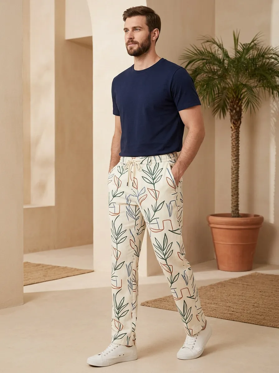 Men's Botanical Abstract Line Art Printed Pants
