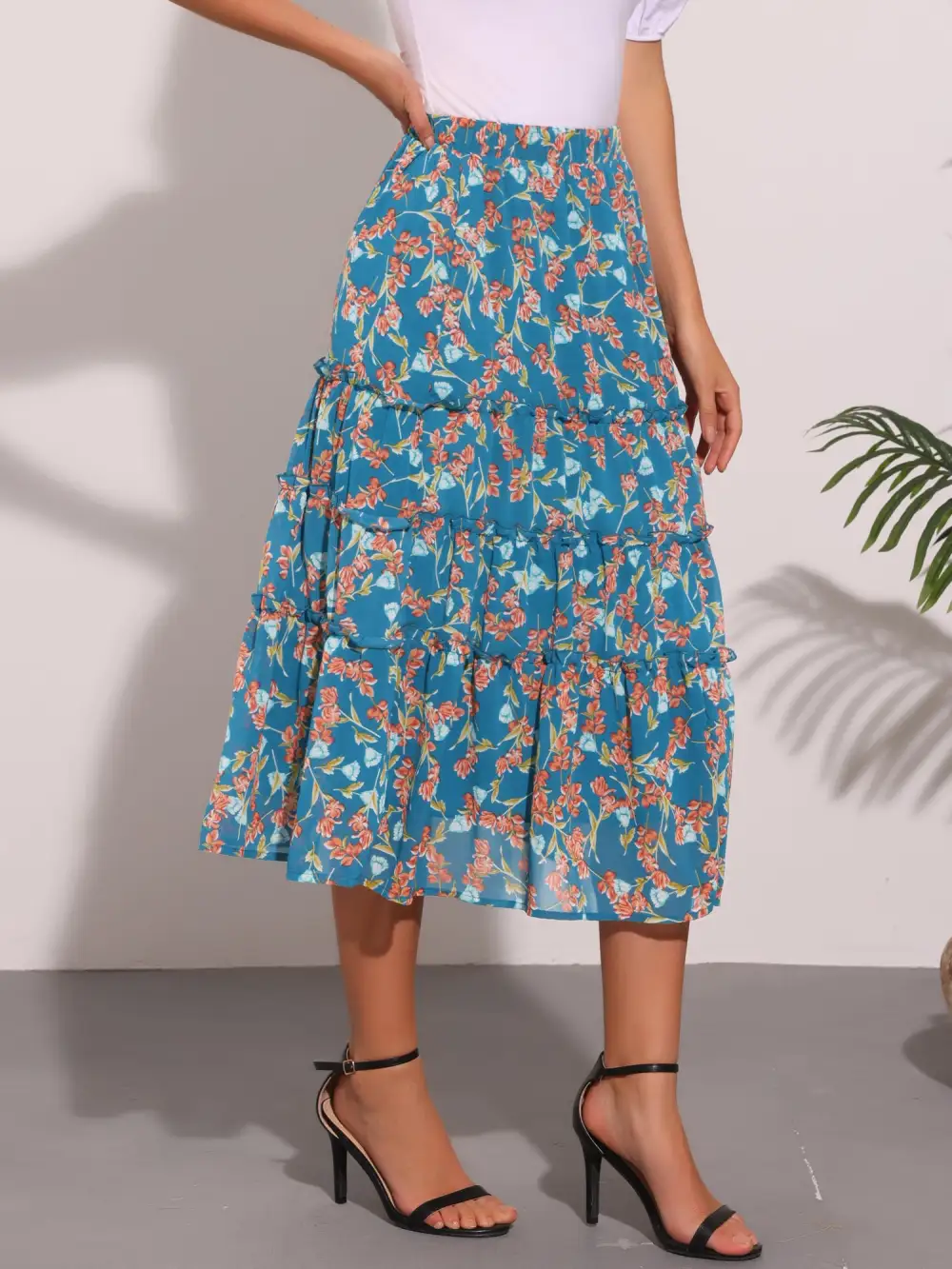 Chiffon Floral-Print Long Tiered Ruffle Boho Midi Skirt