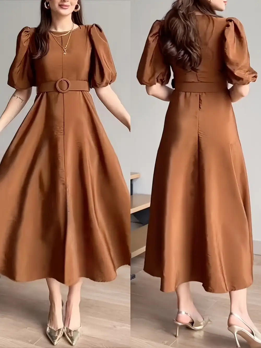 Tie Waist Puff Sleeve Midi Dress
