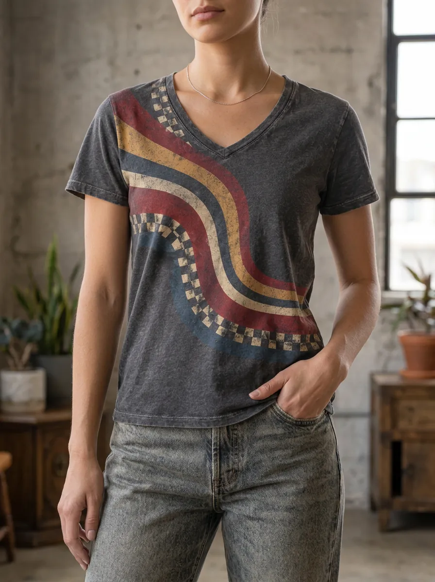 Women's Retro Wavy Checkered Pattern Printed V-Neck T-Shirt