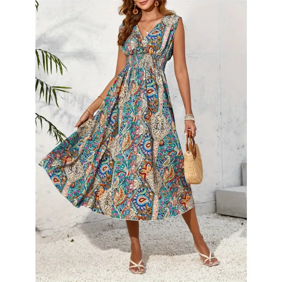 Smocked Printed Surplice Sleeveless Midi Dress
