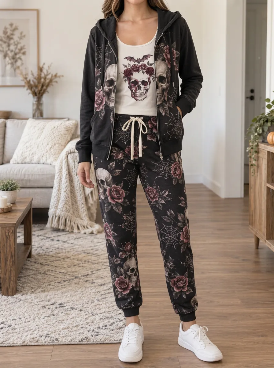Women's Halloween Gothic Skull Rose Spiderweb Adjustable Waist Jogger Set
