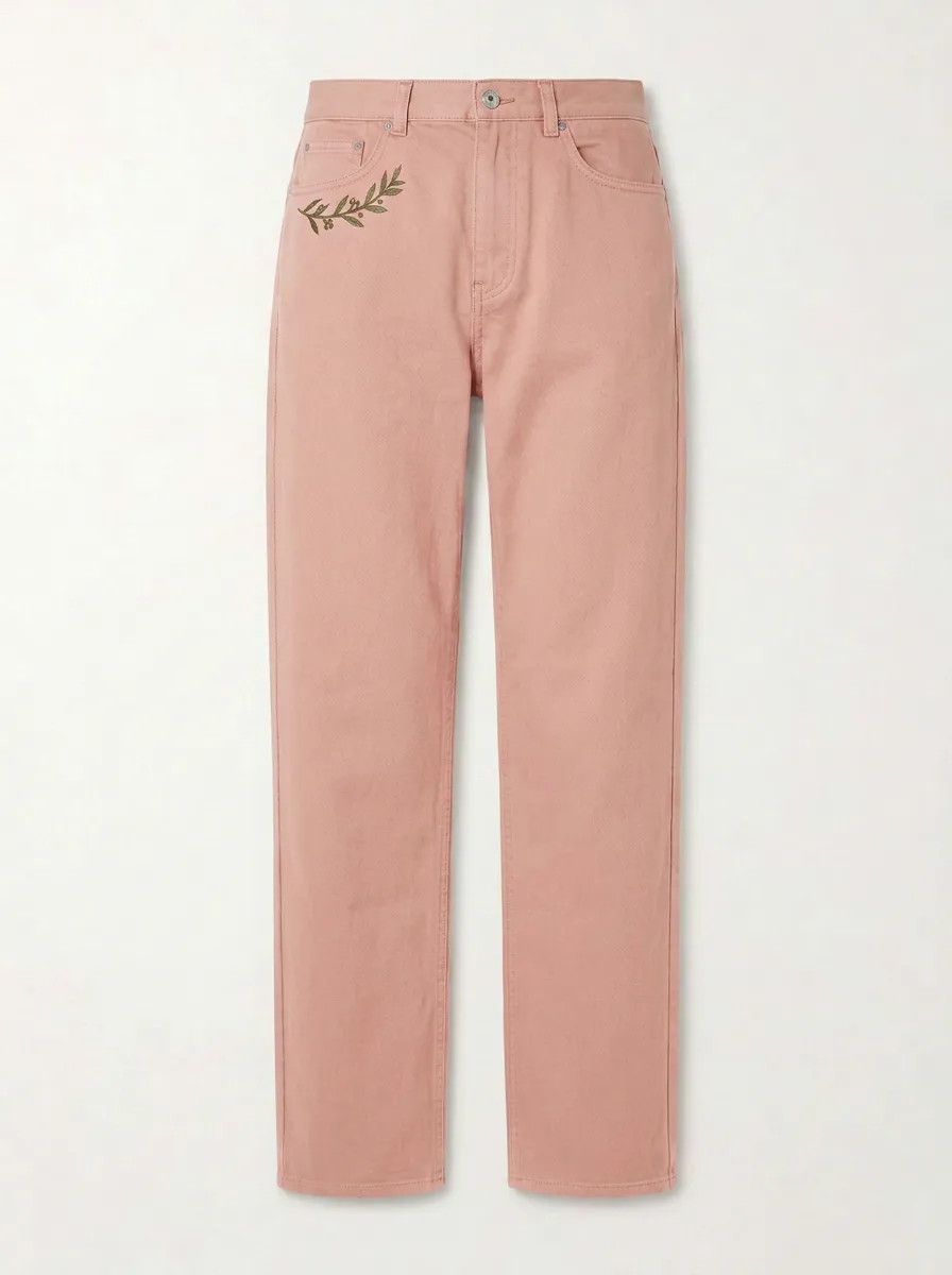 Women's Olive Green Olive Branch Embroidered Mid-Rise Straight Leg Pants