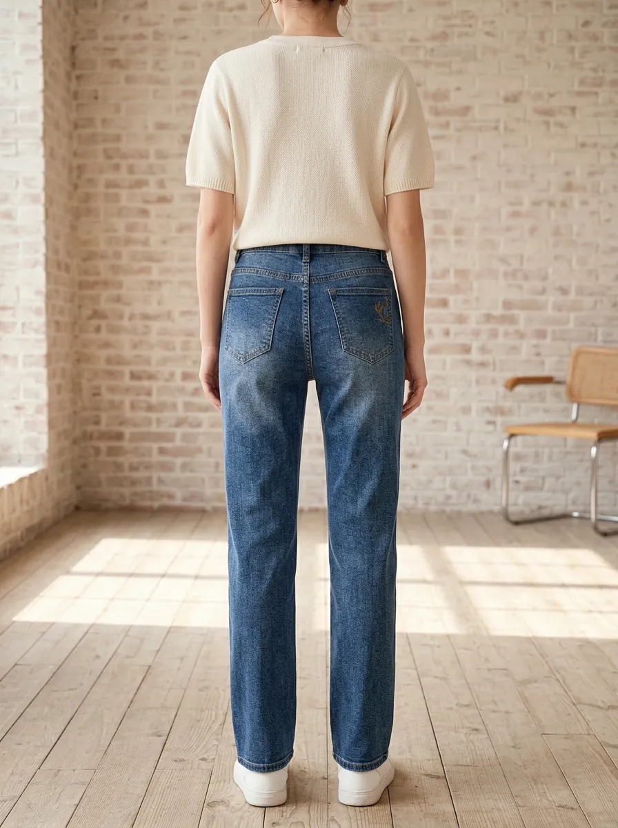 Women's Cactus Embroidery High-Waisted Blue Denim Jeans