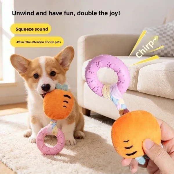 Squeaky Dog Teething Ring Toy Durable Rubber Chew Ring Plush Cartoon Puppy Molar Toy Interactive Bite Toy for Small Dogs Teddy Bichon