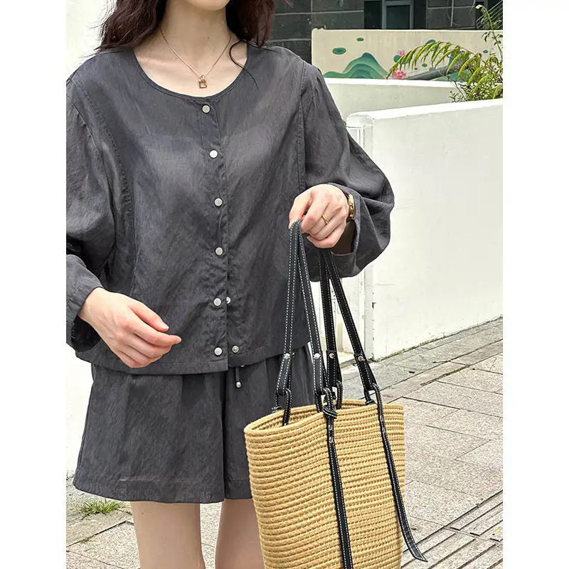 Flowing Round Neck Long Sleeve Shirt And High Waist Wide Leg Shorts Set
