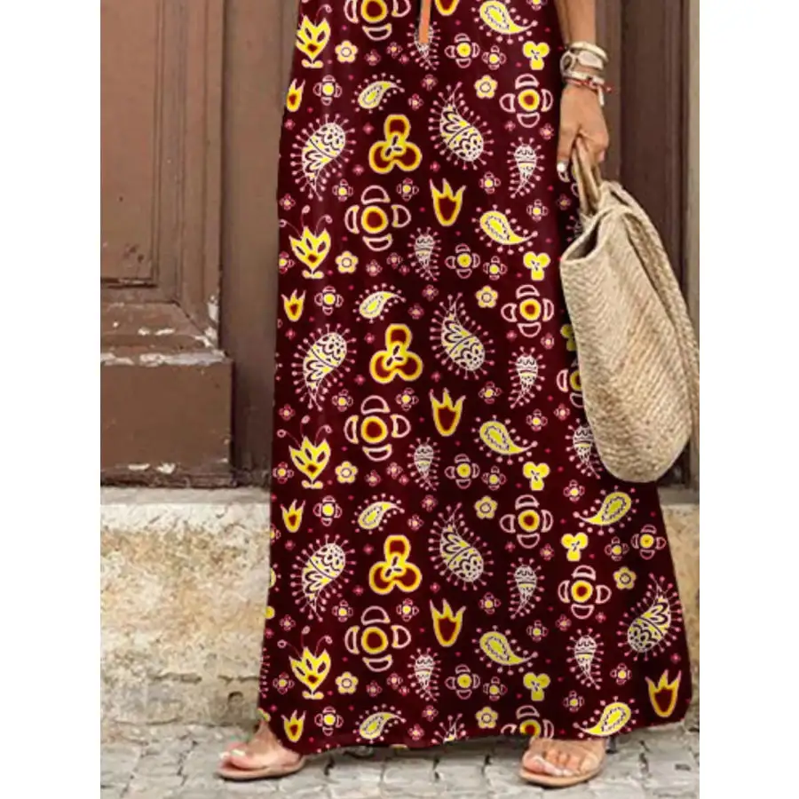 Full Size Printed V Neck Short Sleeve Maxi Dress Plus Size