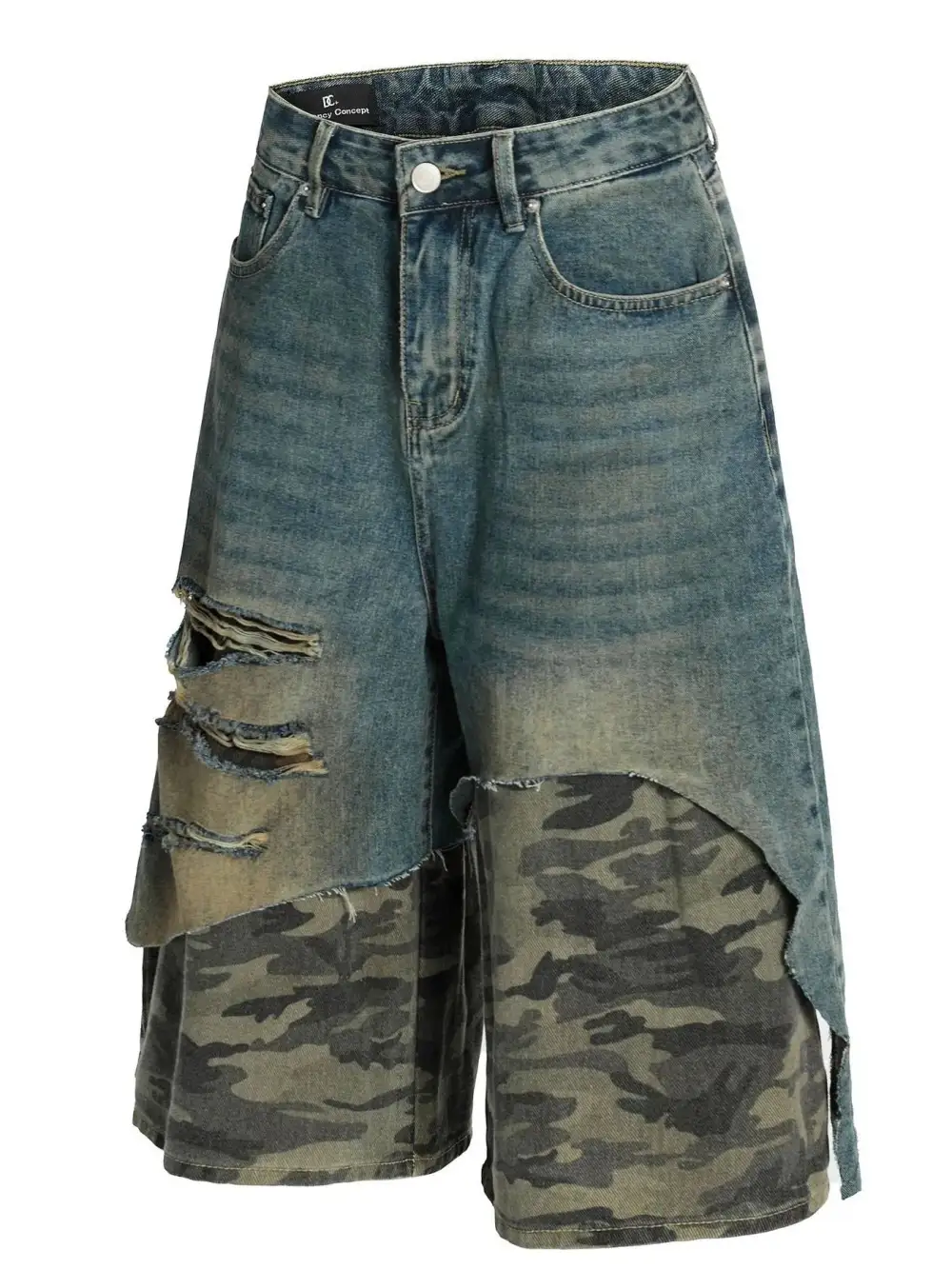Camo Patchwork Distressed Pocket Detail Washed Denim Shorts