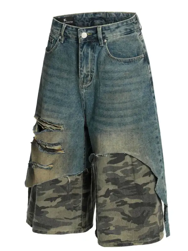 Camo Patchwork Distressed Pocket Detail Washed Denim Shorts