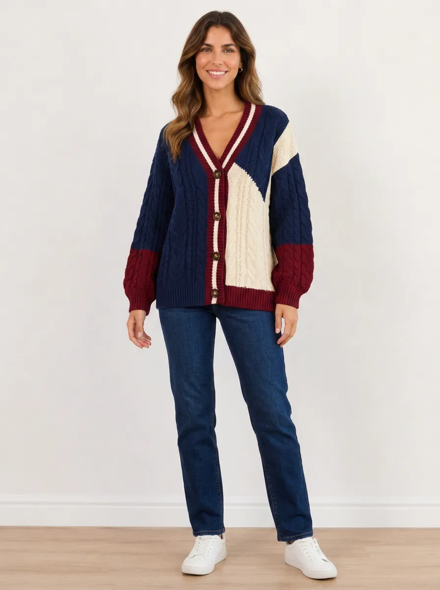 Women's Colorblock Cable Knit Cardigan Button-Front Ribbed-Knit