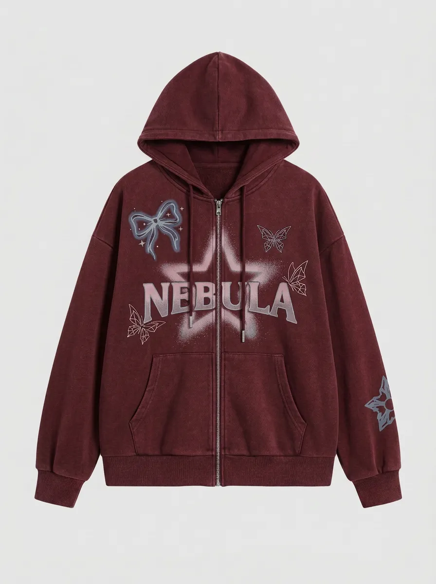 Unisex Streetwear Nebula Star Butterfly Bow Printed Zip-up Hoodie